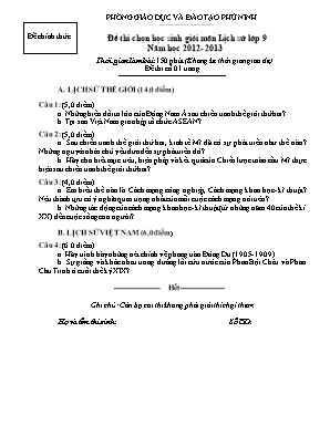 Đề thi chọn học sinh giỏi môn Lịch sử Lớp 9 - Năm học 2012-2013 - Phòng giáo dục và đào tạo Phù Ninh (Có đáp án)